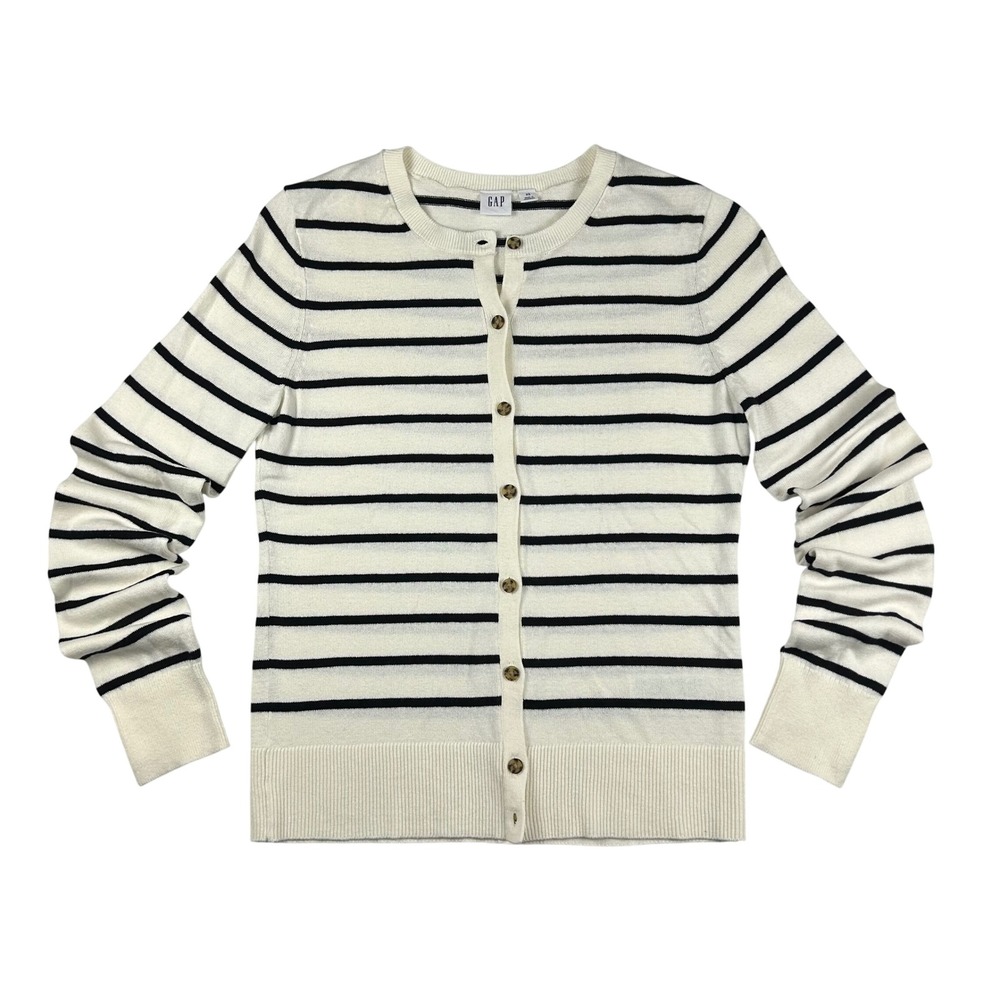 Gap Womens XS Crewneck Cardigan Sweater White Navy Blue Striped Cotton